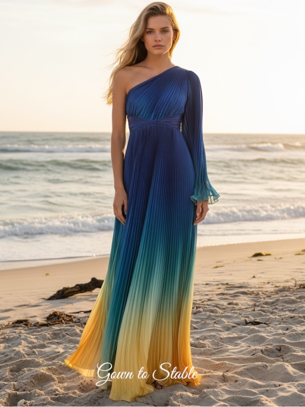 Mac Duggal by Ieena Blue Pleated Charmeuse One Shoulder Ombre Gown 49903
